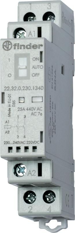 Контактор модульный 1NO + 1NC 25А AgSnO2 24В AC/DC 17.5мм IP20 опции: мех. индикатор + LED FINDER 223200244520