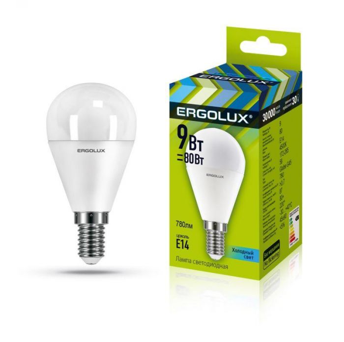 Лампа светодиодная LED-G45-9W-E14-4К Шар 9Вт E14 4000К 172-265В Ergolux 13174