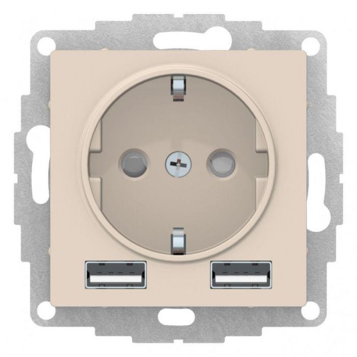 Розетка 1-м СП AtlasDesign 16А IP20 с 2-мя заряд. устройствами USB тип A+A 5В/2.4А 2х5В/1.2А механизм беж. SE ATN000230