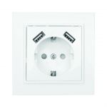 Розетка 1-м СП Минск 16А IP20 с заземл. защ. шторки с 2-мя заряд. устройствами USB 2.1А бел. EKF ERR16-028-100-2USB