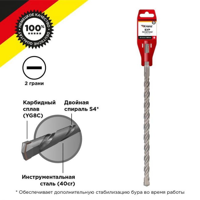 Бур по бетону 16х460мм SDS PLUS Kranz KR-91-0052